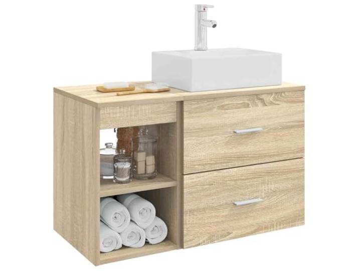 SKTQYQO Badezimmermöbel-Set 2-teilig Eiche Sonoma Technisches Holz, Wandmontage, 1 Einlegeboden, 1 Schublade, Waschbecken inklusive