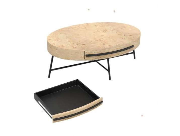 GarveeMore Mid-Century Couchtisch oval 120 cm – Holz-Wohnzimmertisch Schublade, Ablage & gekreuzten Metallbeinen – Farbe: Golden Willow Core