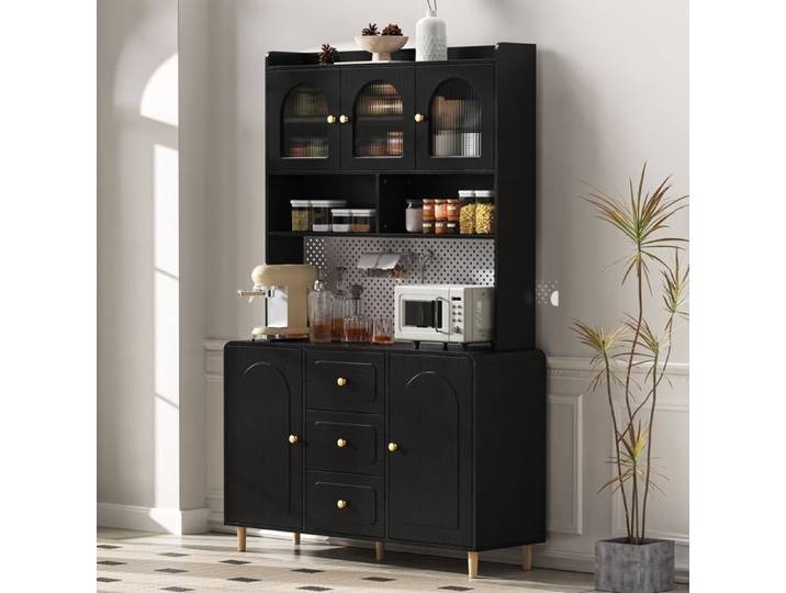 Buffet haut - ZEVKOR - Buffet haut - 3 tiroirs - 2 portes vitrées - panneau perforé 120×40×190 cm