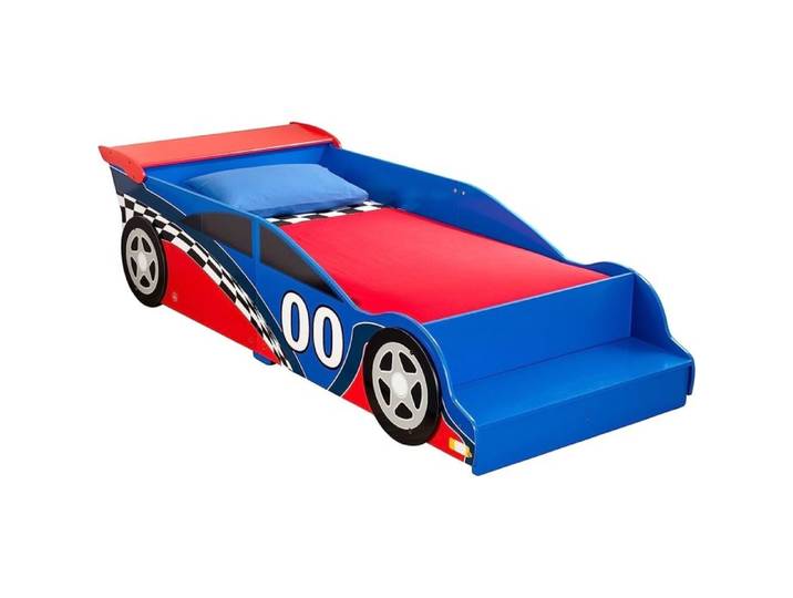 Lit enfant voiture - RACE - Bois avec barrière - Marche intégrée - Sommier inclus 130x70 cm