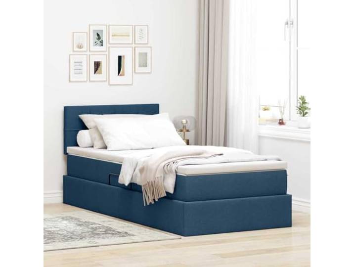 RJPLMFV Bett mit Bettkasten, Blau, 90 x 200 cm, mit Matratze, Polyester Holzrahmen, hydraulisches Heben, Aufbewahrung unter dem Bett, Kopfteil inklusive