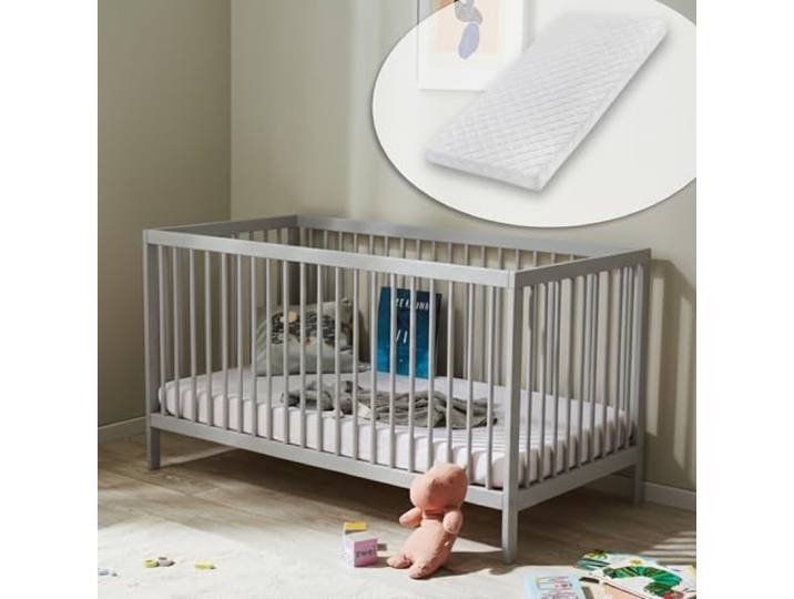 Kids Collective Babybett Kinderbett Gitterbett 60x120 & 70x140 cm mit Matratze höhenverstellbarer Lattenrost & herausnehmbare Sprossen stabiles Buchenholz ab Geburt bis 3. Lebensjahr grau