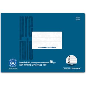 Staufen Notenheft Premio, 040791015 Recycling, Lineatur 14, A5, 6 Notenzeilen pro Seite, Notenlinien mit Hilfslinien, 8 Blatt