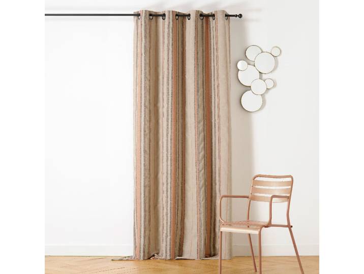 Rideau à oeillets lin rayé esprit méditerranéen polyester terracotta