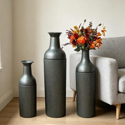 Kodotan sofa Decorative Metal Vases Set of 3, Gold Leaf Pattern Floor Vases, black& Gold Tall Vases for Home Decor, Living Room Entryway