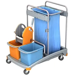 CleanSV®  Reinigungswagen Kunststoff, mit Moppresse, Abfallsackhalter, 2 Eimern 20 Liter