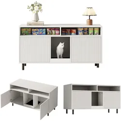 Katzenstreukasten-Schrank 120x50x66 cm Weiß mit Doppel-Tür, Futter- und Spielzeugfächern, Stauraum, modernes Design für zwei Katzentoiletten