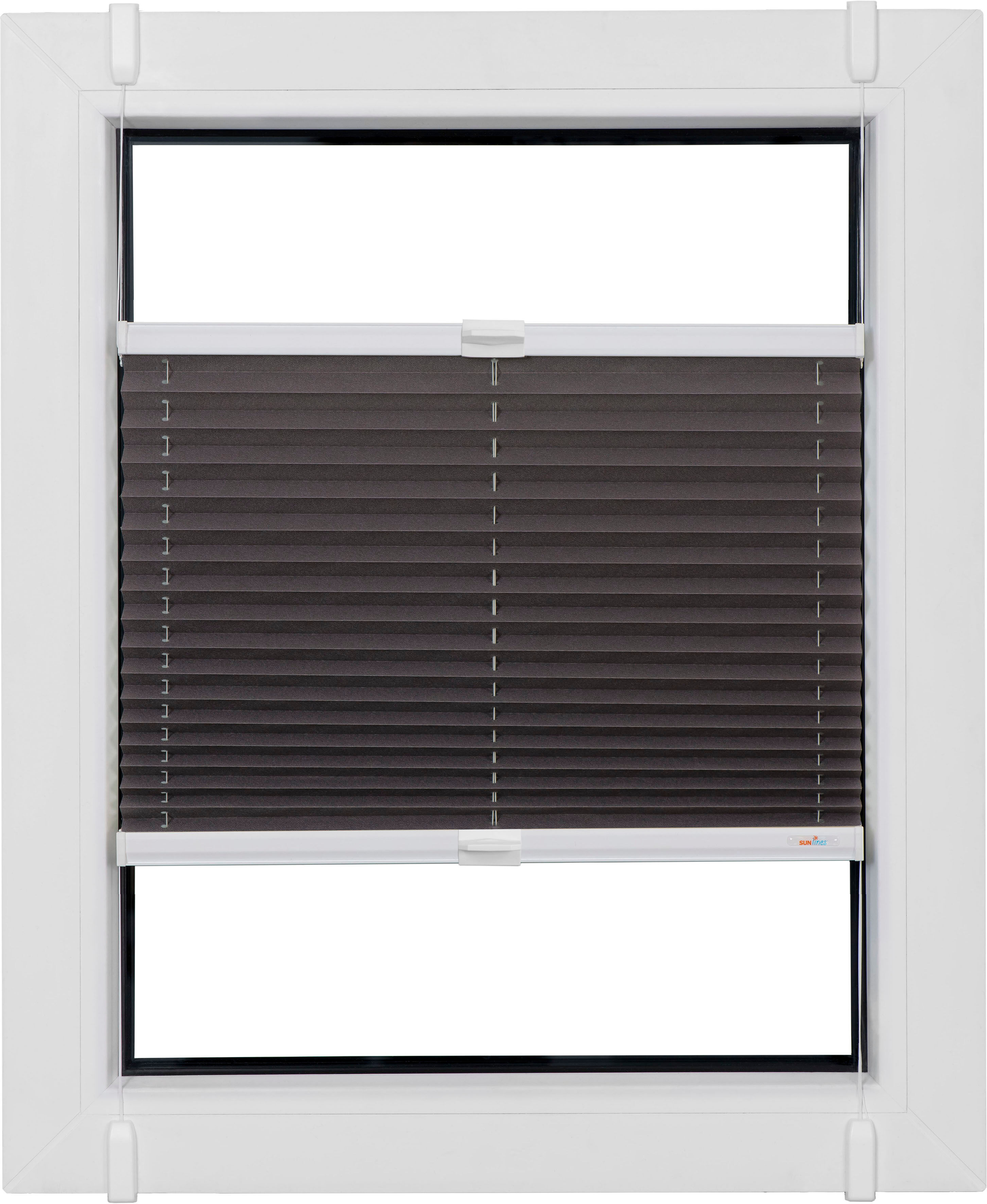 Plissee SUNLINES "Budget Crepe, ohne Bohren, Klemmfix, verspannt, Sichtschutz", grau (dunkelgrau, weiß), B:85cm H:210cm, Obermaterial: 85% Polyester, 15% sonstige Fasern, Plissees, Klemmfix, glatt