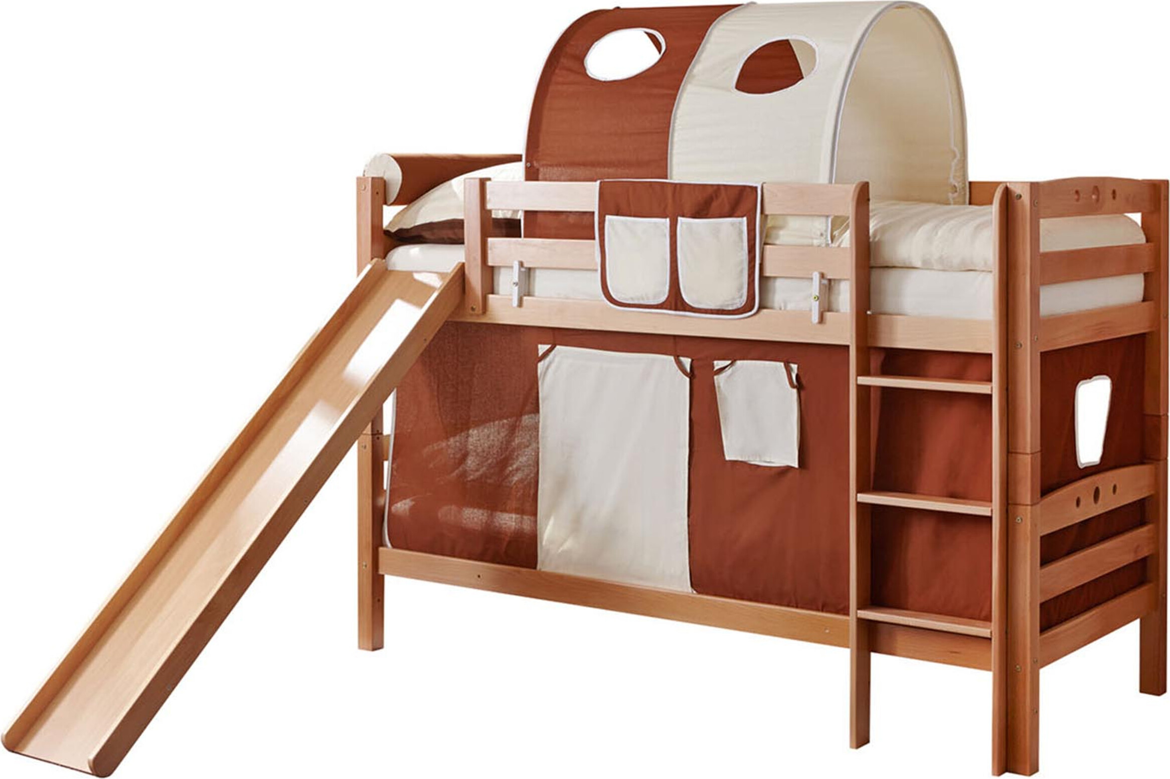 Etagenbett mit Rutsche Doppelbett Buche massiv Natur, Vorhangstoff:Braun Beige