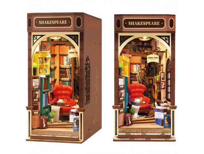 Book nook bibliothèque DIY en bois puzzle 3D 194 pièces avec fauteuil rouge