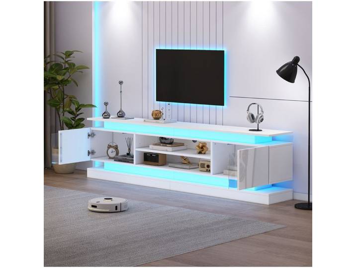Maisentiel Meuble TV 180 x 35 x 60 cm blanc brillant LED RGB Bluetooth 2 portes acrylique