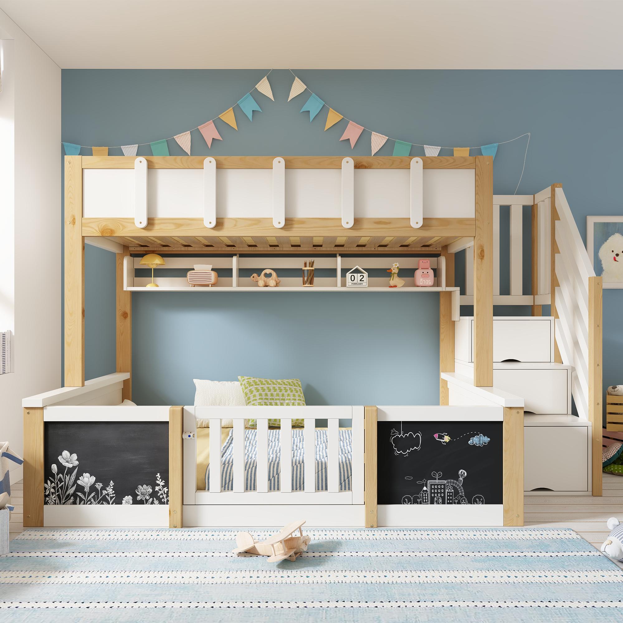 okwish Etagenbett 90/140×200 mit zwei Matratze,Kreidetafel und Sicherheitstür,Kinderbett mit Stauraumtreppe,Holzbett offenen Fächern,Natur