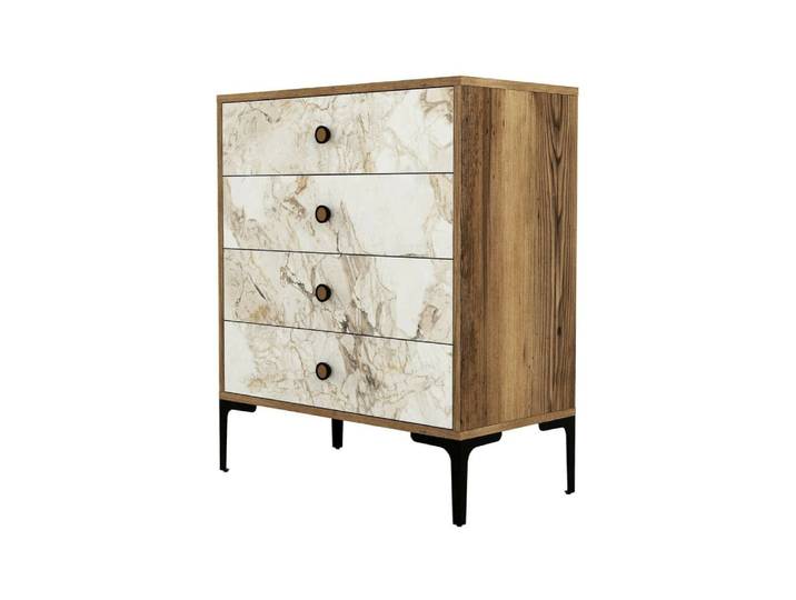 Commode effet bois beige, marbre blanc 76x40 cm
