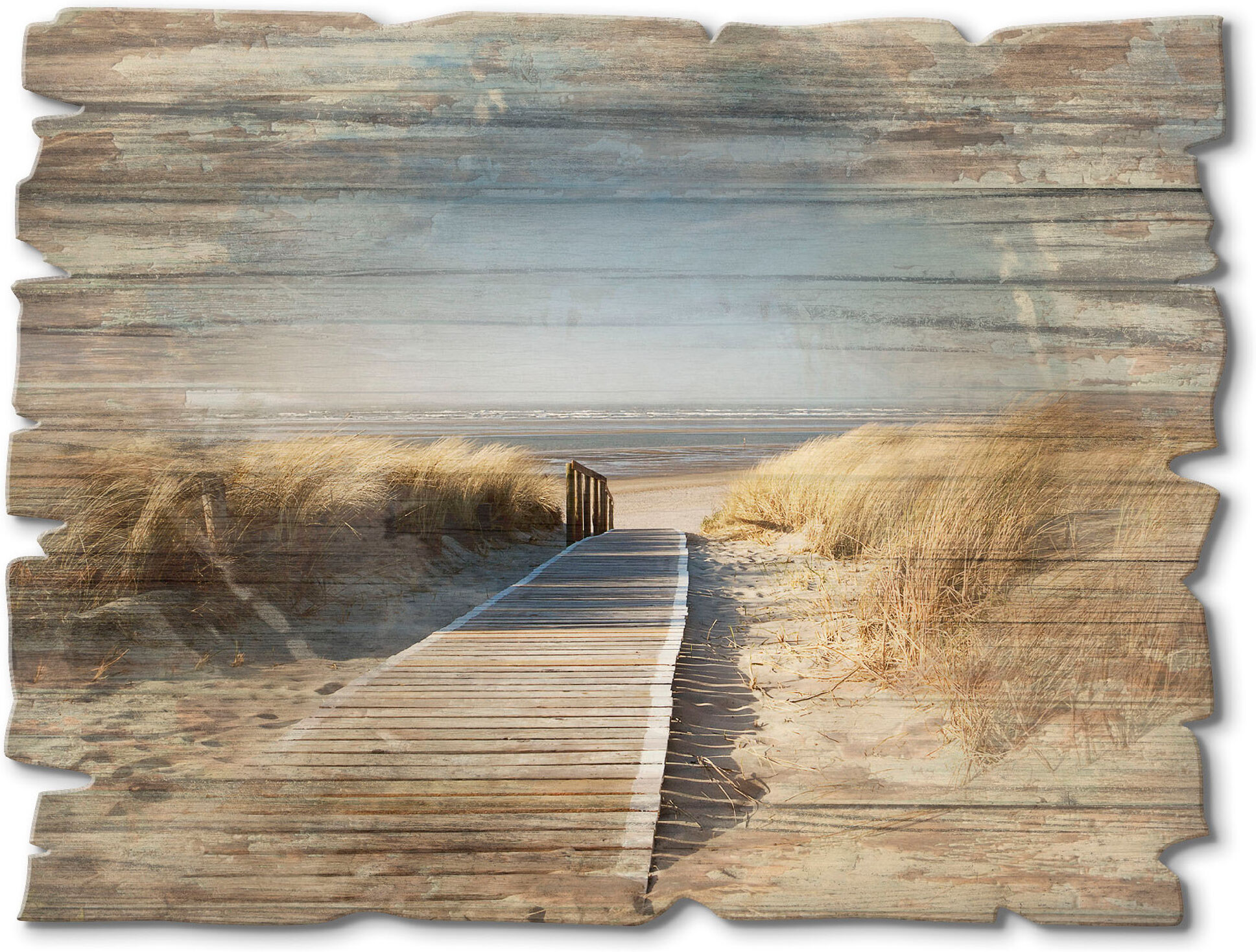 Holzbild ARTLAND "Nordseestrand auf Langeoog - Steg", beige (farbe bild(er): naturfarben), B:40cm H:30cm, Bilder, Holzbild farbe bild(er): naturfarben B/H/T: 40cm x 30cm, Holzbild Strand Querformat, 1 Stk.