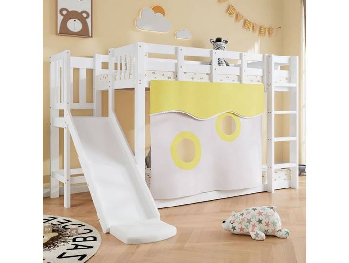 Lit superposé - SOGEU - Lit cabane superposé avec toboggan - 90x200 cm - Pin massif blanc - Toboggan & rideau