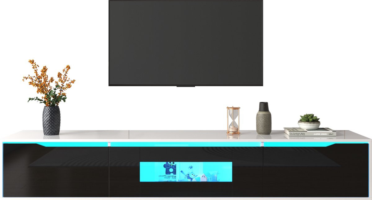 Merax Hoogglans TV-Meubel met LED-verlichting - Wit met Zwart - B: 180 cm