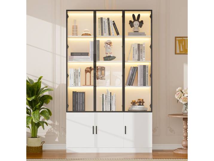 Vitrine de 120x32x200cm vitrine sur pied à 6 portes armoire haute vitrine en verre avec éclairage LED meuble de salon blanc