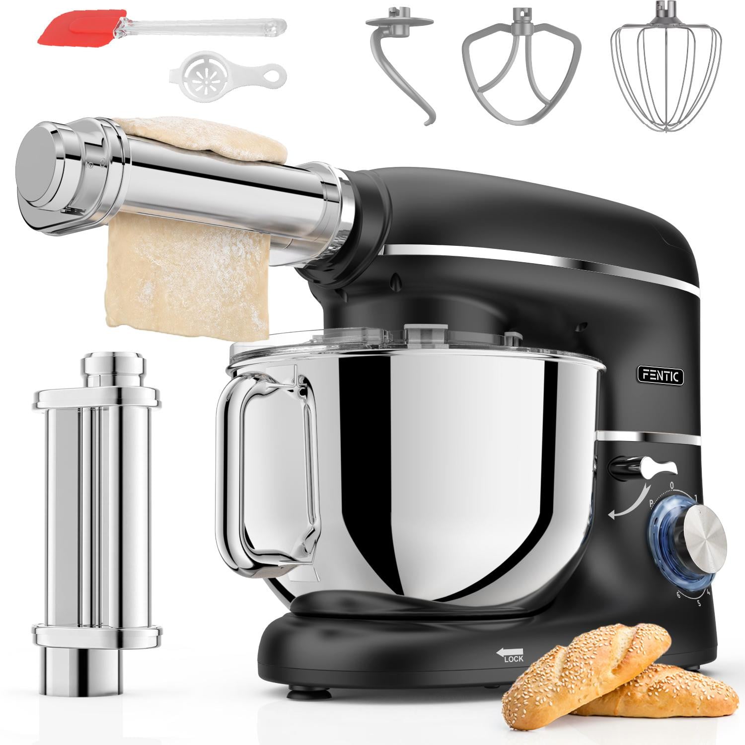 Fentic Keukenmachine 2000W met Pastaroller en Accessoires, 6,2L Mengkom, Zwart