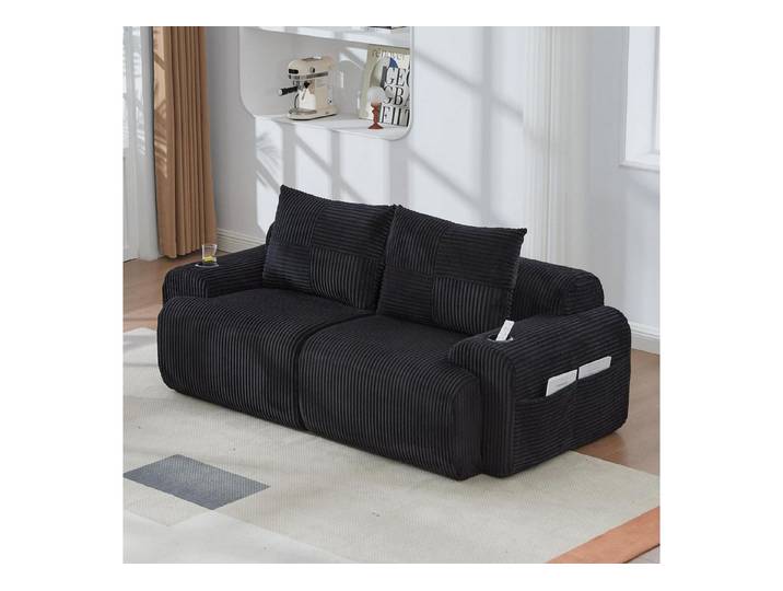 LuxusKollektion 2-Sitzer Couch 2 Sitzer Cord Getränkehalter Seitentasche Schwarz 2 Sitzer