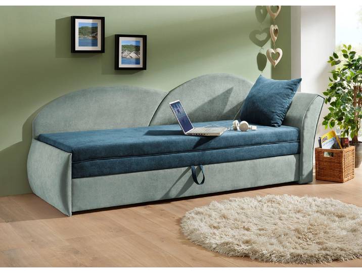 Schlafsofa mit Bettkasten und 1 Dekokissen, Grün-Mint, Armlehne rechts