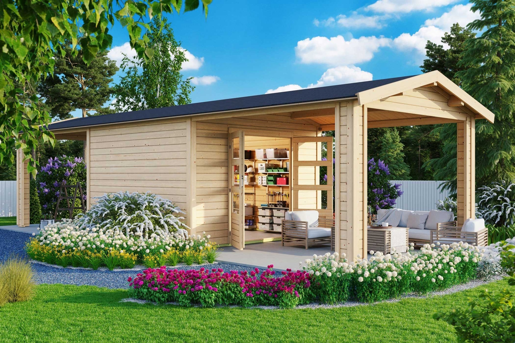 Karibu Gartenhaus Gerätehaus Theres 7 im Set mit 2 Dachausbauelement naturbelassen 900x304x250 cm
