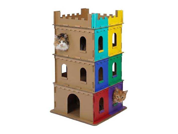 Relaxdays Château pour Chats en Carton à Peindre\, 3 étages\, Marron emboîtable\, 107\,5 x 62 x 62 cm