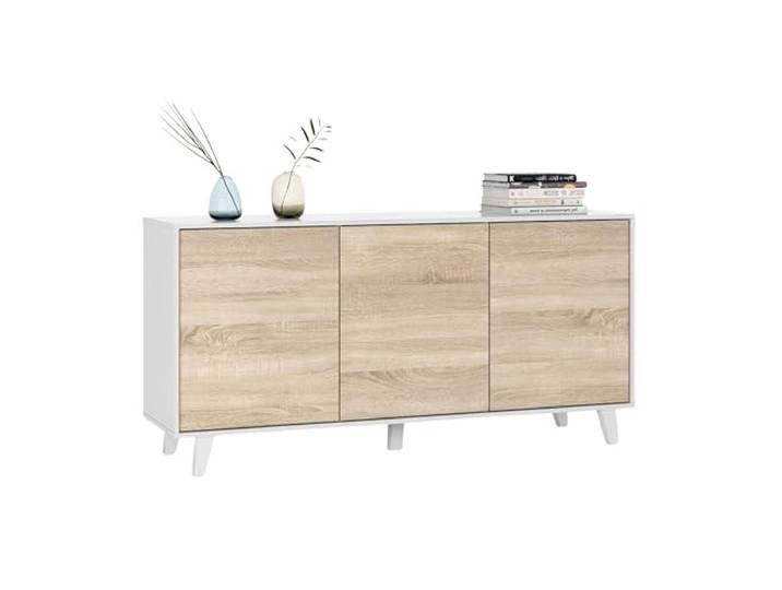 Sideboard mit drei Türen und drei Regalen, Eichenfarbe und Hochglanzweiß, Maße 154 x 41 x 75 cm