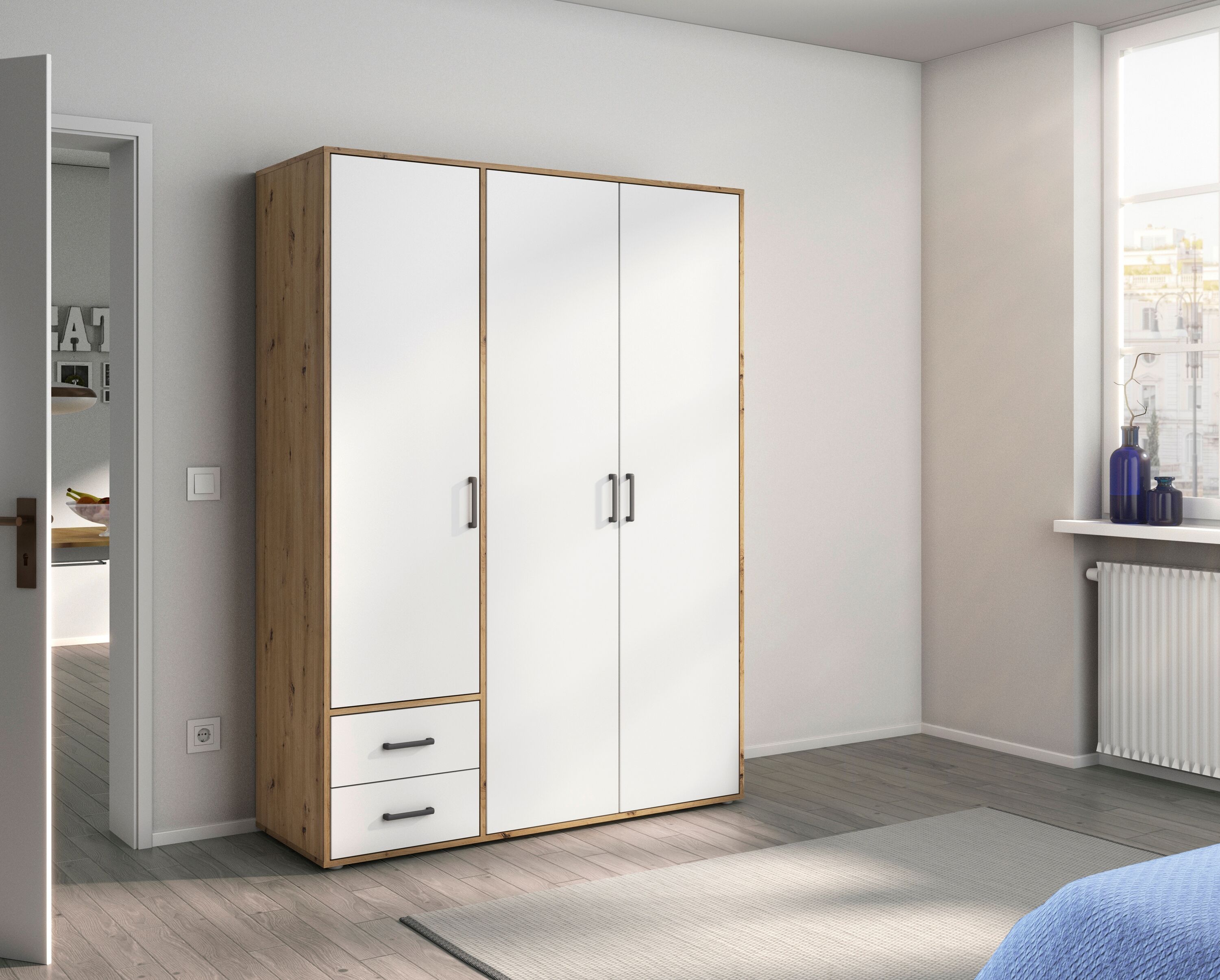 Drehtürenschrank RAUCH "Kleiderschrank Schrank Garderobe Wäscheschrank VOYAGER", weiss (eiche artisan, alpinweiß, griffe graumetallic), B:140cm H:194cm T:53cm, Holzwerkstoff, Schränke, Drehtürenschrank, mit 2 modernen Griffvarianten, mit Aussenschubladen 