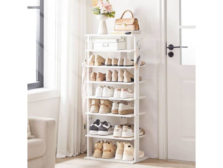 HOOBRO Étagère à Chaussures à 8 Niveaux Porte-Chaussures avec 2 Crochets Meuble à Chaussures Gain de Place Stable Blanc