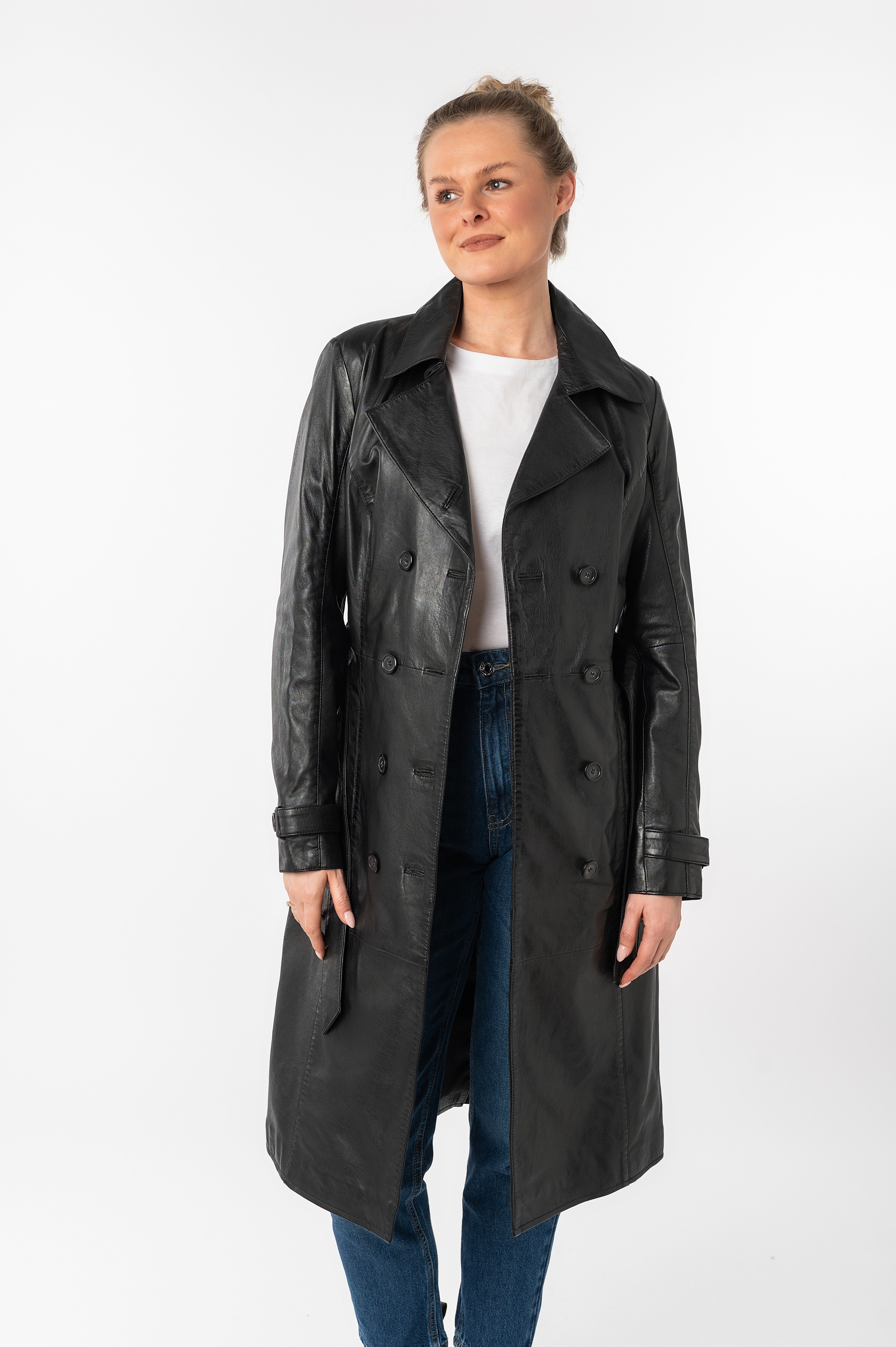 Ledermantel MAURITIUS "GWTaruh OT", Damen, Gr. L, schwarz, Obermaterial: 100% Schafsleder. Futter: 100% Baumwolle. Ärmelfutter: 100% Polyester, unifarben, regular fit, Mäntel Ledermantel, femininer Leder-Trenchcoat mit Bindegürtel schwarz L