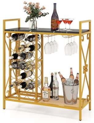 Costway 21 Bottle Wine Rack Freestanding Floor Wine Bottle Organizer with Glass Holder-Golden
