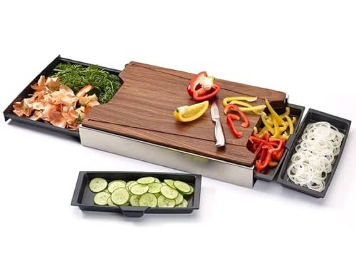 Schneidbox Nussbaum - Schneidebrett Mit 4 Auffangschalen Im Edelstahlkasten - Patentiertes Trennsystem - Made In Germany - 46 x 30 x 7 cm