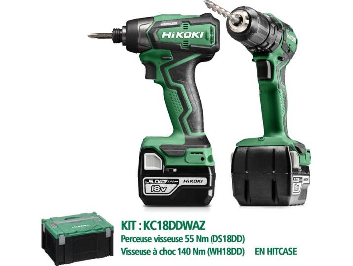 Pack de 2 outils Perceuse Visseuse 55 Nm + Visseuse à choc 140 Nm HIKOKI KC18DDWAZ 18V 5Ah Brushless avec 2 Batteries et HitCase