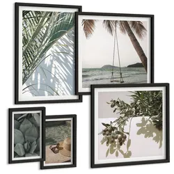 BILDER SET 5er Set - 50x50 cm & 20x30 cm & 40x60 cm Schwarzer Rahmen - Tropische Pflanzen für den Urlaub