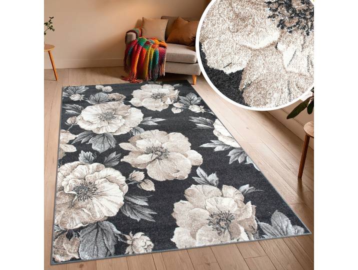 Teppich GOODPRODUCT Florent, Blumen Design, Vintage , beige (dunkelgrau), B:160cm H:9mm L:230cm, Kunstfaser, Teppiche, Teppich, Floral, detailreiche Blüten, Botanical, elegant, Wohnzimmer