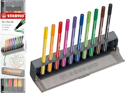 STABILO Pen 68 Click Set Schreibtischständer und Federmäppchen in einem - Set mit 10 Filzstiften