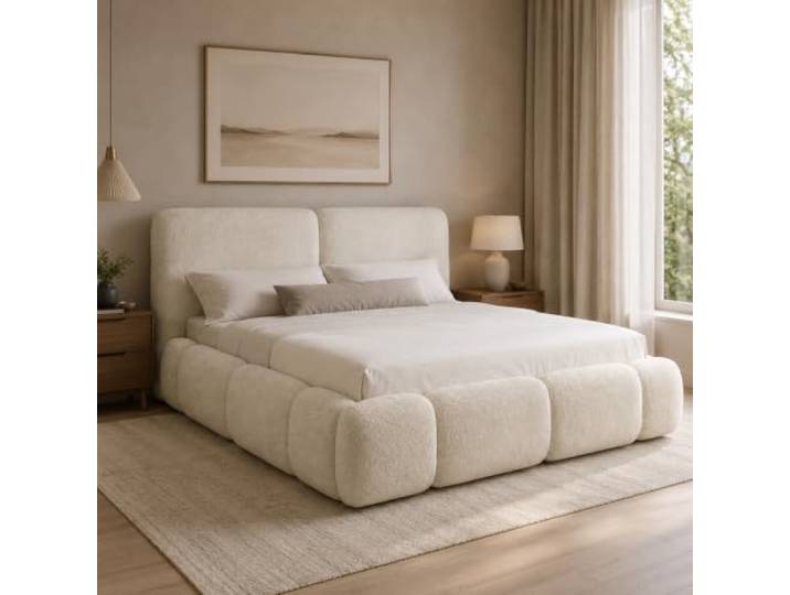 Home Collective Polsterbett mit Bettkasten und Lattenrost 180x200 cm Creme modernes Doppelbett im Bubble-Design, kuscheliger Bouclé-Stoff, stabiler Metall-Lattenrost, mit großem Stauraum