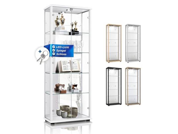 K-Möbel Glas Vitrinenschrank 2-türig (176x67x33cm) - Made in Germany - Standvitrine Weiss mit 4 höhenverstellbaren Glasböden, Spiegel, Schloss & LED - Glasvitrine Stehend - Sammler
