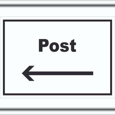 HB-Druck Post Schild mit Text und Richtungspfeil links Annahme Brief Paket waagerecht A5 (148x210mm)