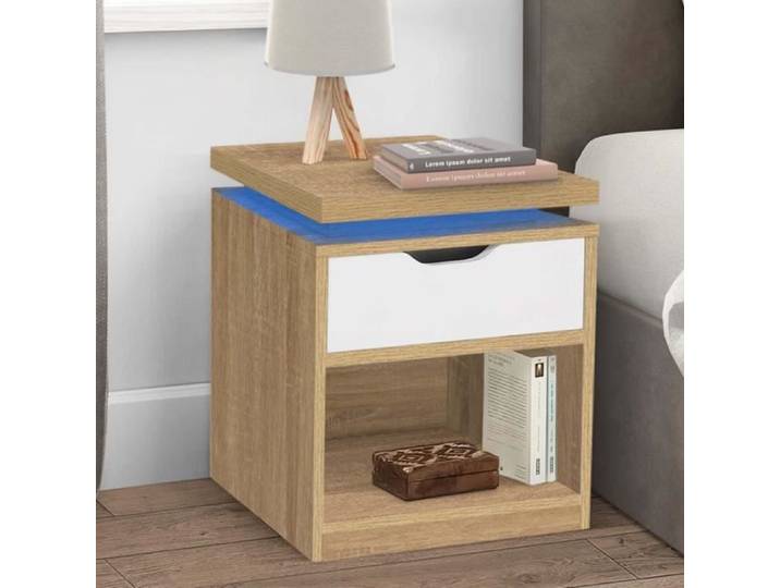 IDMARKET Lot de 2 tables de chevet LUNA à LEDS 1 tiroir avec niche hêtre et blanc