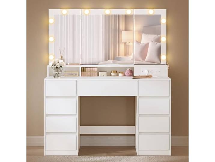 VASAGLE Schminktisch mit Beleuchtung und Spiegel, 9 Schubladen Steckdosenleiste, 3 Lichtfarben, werkzeuglose Gleitschienen, KAILYN Kollektion RDT146WB01