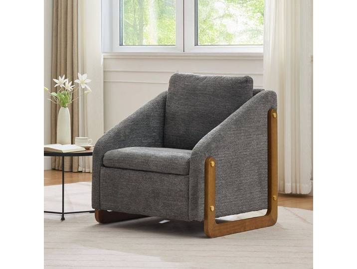Fauteuil d'appoint 1 place en chenille grise avec accoudoirs et structure en bois 73 5 x 73 5 x 73 5 cm