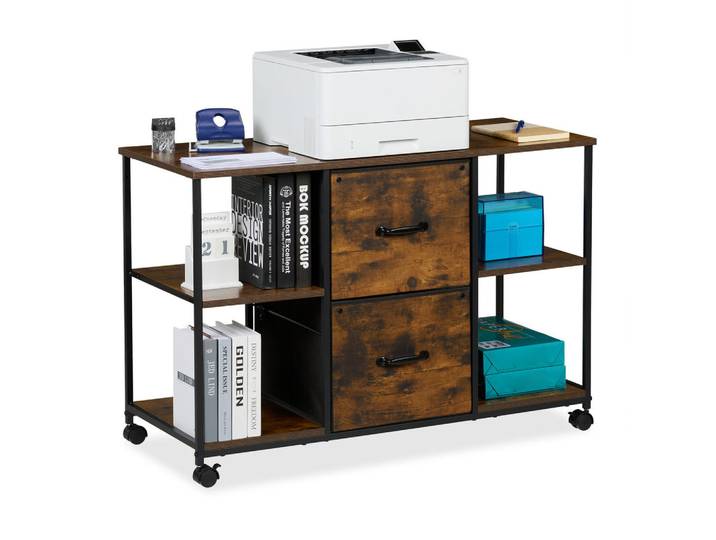 Relaxdays Rollcontainer Braun Schwarz 2 Schubladen, Kunststoff, 4 Fächer, 100x67x40 cm, Büromöbel, Schreibtischcontainer, Rollcontainer