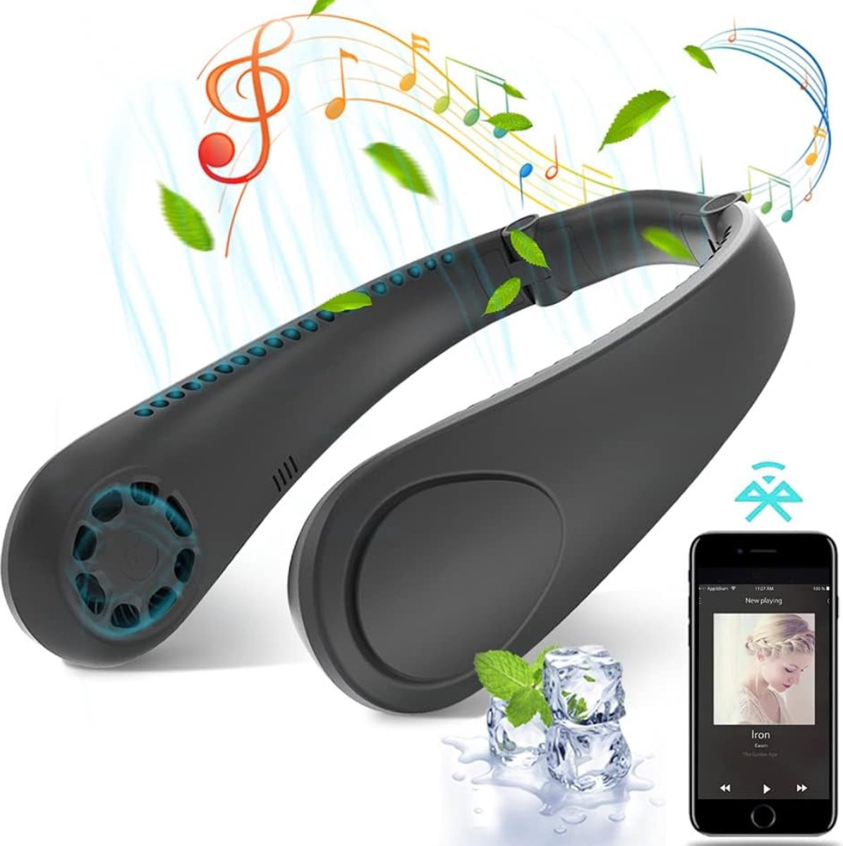 Draagbare Bluetooth Mini Nekventilator met 3 standen en muziekfunctie - Zwart