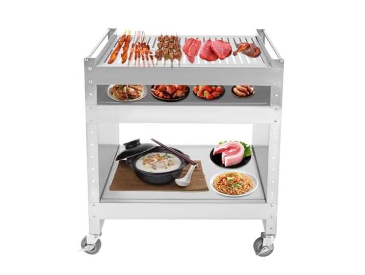 Mobiler Grillwagen Edelstahl 3 Etagen 18-60cm 30kg Servicewagen 4 Räder 2 Feststellbar, Obere Fläche 58,8x40,3cm, Mittleres Regal zum Aufheizen, Griffe Leicht zu reinigen