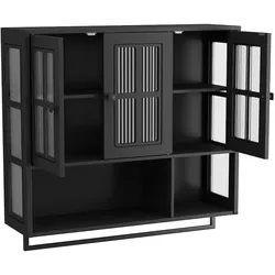 STILVORA Wandschrank Bad Schwarz 88x26x83 cm mit 3 Türen Riffelglas und Handtuchstange, offenes und geschlossenes Fach, modernes Design