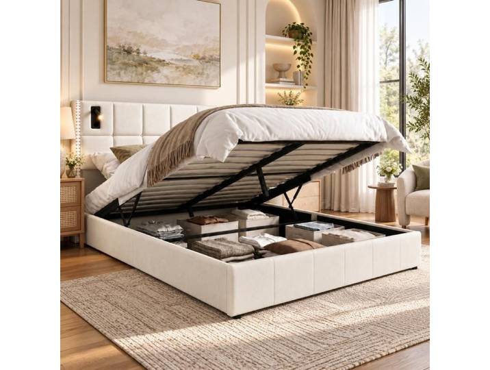Lit coffre 140×200 cm lampe de lecture LED lit capitonné rangement hydraulique cadre de lit 140×200 sommier à lattes Velours Beige