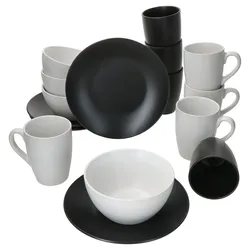 12tlg Teeset Nero Bianco - 4x Kuchenteller gemischt, 2x Becher o. H. schwarz, 2x Becher m. H. weiß & 4x Schale gemischt