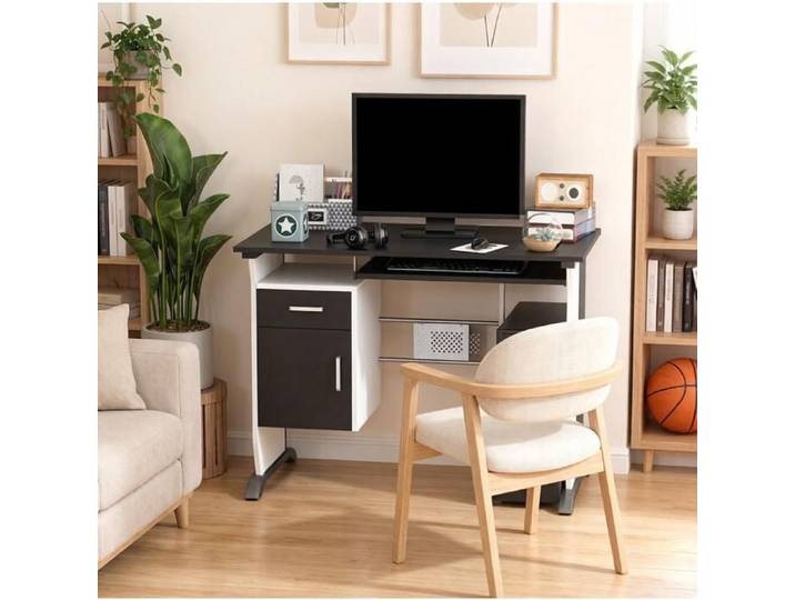 Bureau Gaming Contemporain Noir Blanc avec Multi-Rangements : Plateau Tiroir Armoire et Unité Centrale - Dimensions 100x52x75 cm