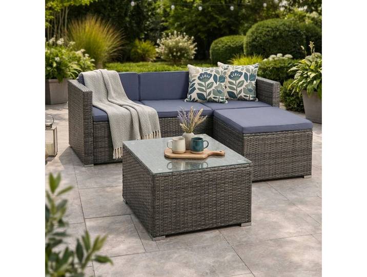ESTEXO Sitzgruppe Rattan Lounge Gartenmöbel Set Sofa Couch 3-Sitzer Rattanmöbel Grau